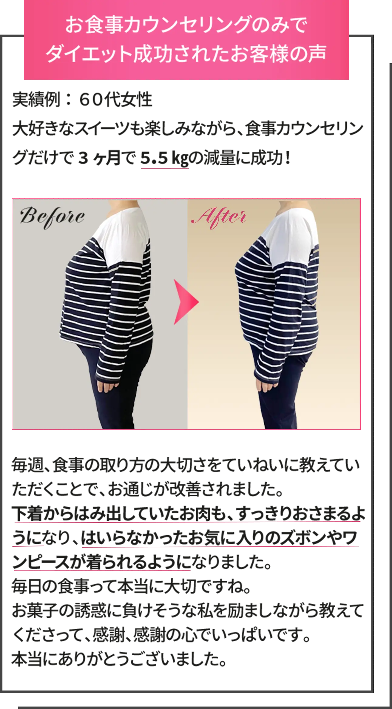 お食事カウンセリングのみでダイエットに成功されたお客様の声